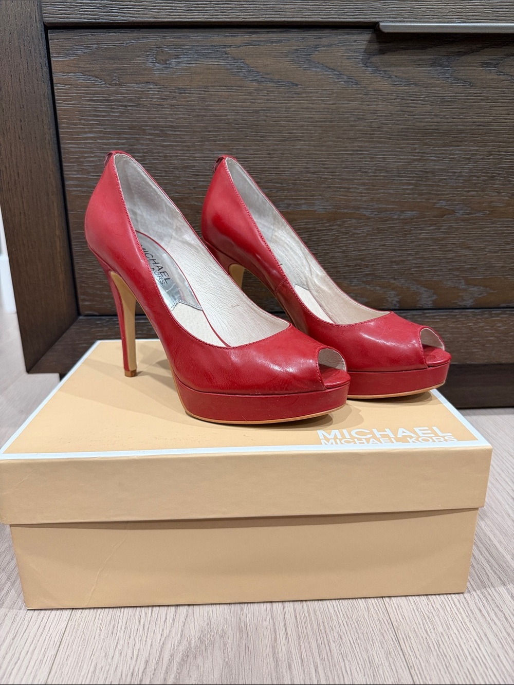 Michael Kors York Red Patent Leather Peep-Toe Platform Heels